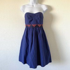 Anthropologie Floreat Womens Dress A Line Strapless Size 0 Navy Blue Button